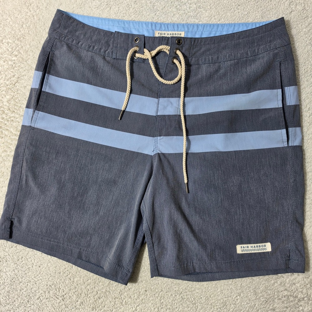 Fair Harbor Shorts Mens 33/8 Blue Striped Stretch Board Shorts Swim Trunks